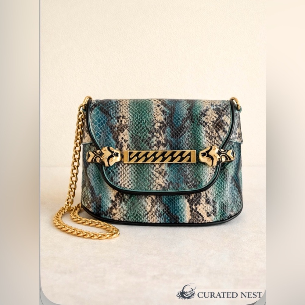 Vintage 1980’s Snakeskin Bag Green Python Tigrette Chain Shoulder Bag